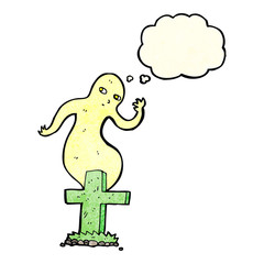 cartoon ghost rising from grave with thought bubble