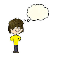 cartoon happy scruffy boy with thought bubble