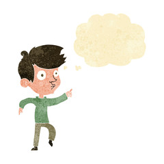 cartoon pointing boy with thought bubble