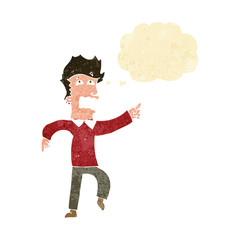 Fototapeta premium cartoon frightened man pointing with thought bubble
