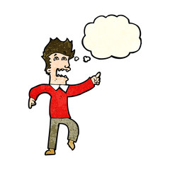 cartoon frightened man pointing with thought bubble