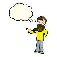 cartoon man with beard pointing with thought bubble