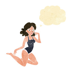 cartoon woman in lingerie with thought bubble
