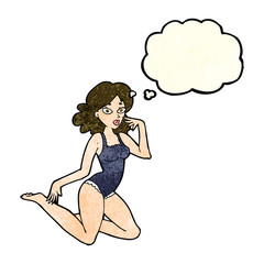cartoon woman in lingerie with thought bubble