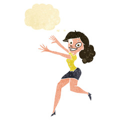 cartoon happy woman jumping with thought bubble