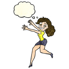 cartoon happy woman jumping with thought bubble