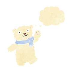 cartoon teddy bear wearing scarf with thought bubble