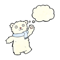 cartoon teddy bear wearing scarf with thought bubble