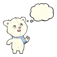 cartoon polar bear wearing scarf with thought bubble