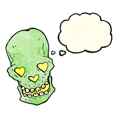 cartoon skull with love heart eyes with thought bubble