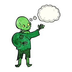 cartoon skeleton waving with thought bubble