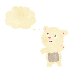 cartoon cute waving polar bear teddy with thought bubble