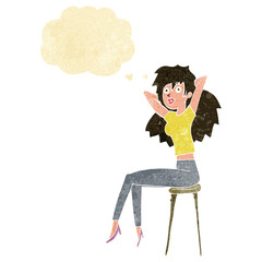 cartoon woman posing on stool with thought bubble
