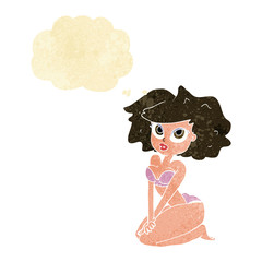 cartoon woman wearing bikini with thought bubble