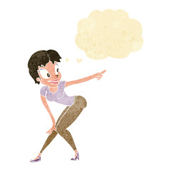 cartoon pretty woman pointing with thought bubble