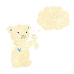 cartoon teddy polar bear with torn arm with thought bubble