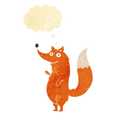 cartoon waving fox with thought bubble