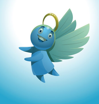 Vector сute little angel rejoices. Cartoon image of a cute little blue angel with wings and golden halo over his head rejoicing on a light blue background.