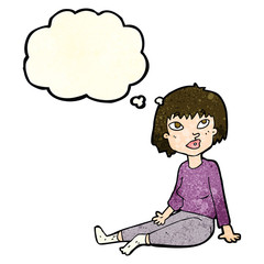 cartoon woman sitting on floor with thought bubble