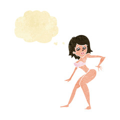 cartoon woman in bikini with thought bubble