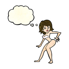 cartoon woman in bikini with thought bubble