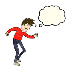 cartoon happy man dancing with thought bubble