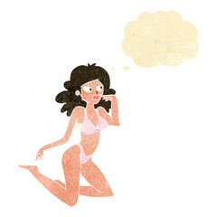 cartoon woman in underwear looking thoughtful with thought bubbl