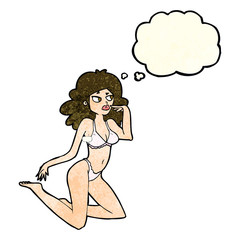 cartoon woman in underwear looking thoughtful with thought bubbl