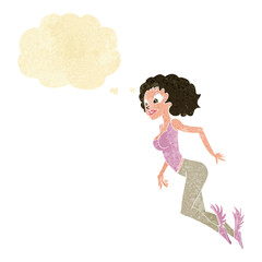 cartoon flying woman with thought bubble