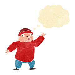 cartoon man in hat waving with thought bubble