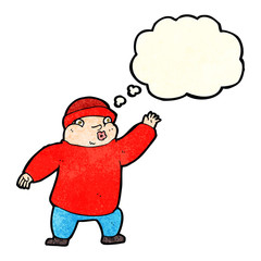 cartoon man in hat waving with thought bubble