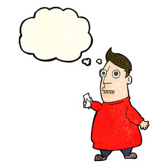 cartoon nervous man with tickets with thought bubble