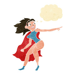 cartoon superhero woman pointing with thought bubble