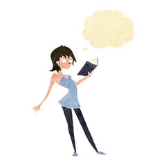 cartoon woman reading book with thought bubble