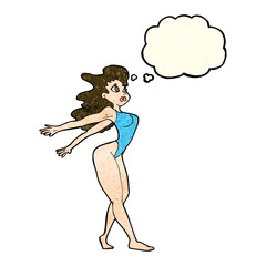 cartoon sexy woman in swimsuit with thought bubble