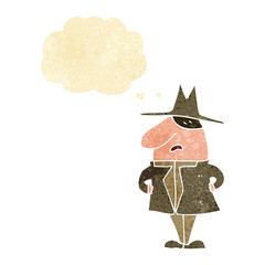 cartoon man in coat and hat with thought bubble
