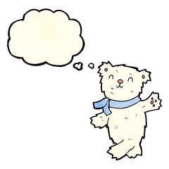 cartoon waving teddy polar bear with thought bubble