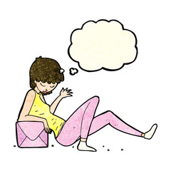 cartoon woman leaning on package box with thought bubble