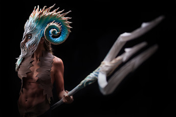 Fantasy concept of a young girl,strong brave warrior,wearing a helmet - mask with horns on head...