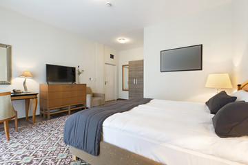 Interior of a double bed hotel room