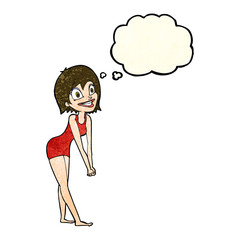 cartoon excited woman with thought bubble