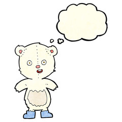 cartoon happy teddy bear in boots with thought bubble