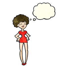 cartoon happy woman with hands on hips with thought bubble
