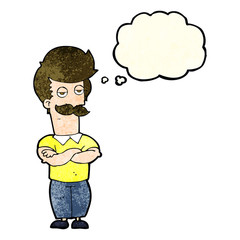 Fototapeta na wymiar cartoon mustache muscle man with thought bubble