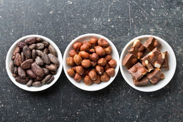 chocolate, hazelnuts and cocoa beans