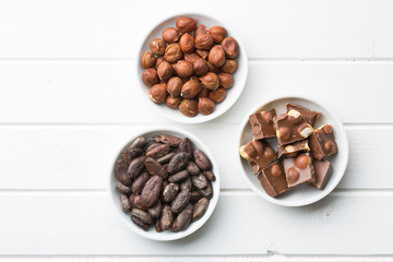chocolate, hazelnuts and cocoa beans