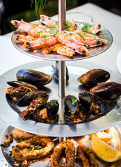  assorted seafood, prawns, mussels,calamari ,selective focus,app