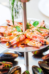 assorted seafood, prawns, mussels, calamari,close up,selective f