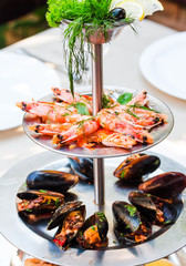 tray of assorted seafood, prawns, mussels, calamari
