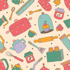 Cute kitchen vector seamless pattern.